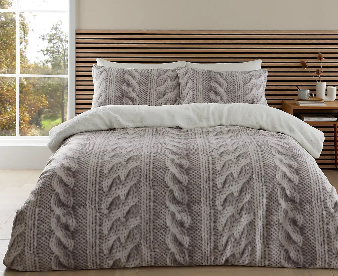 Catherine Lansfield Cable Knit Fleece Sherpa Duvet Cover Set, Double, Cream