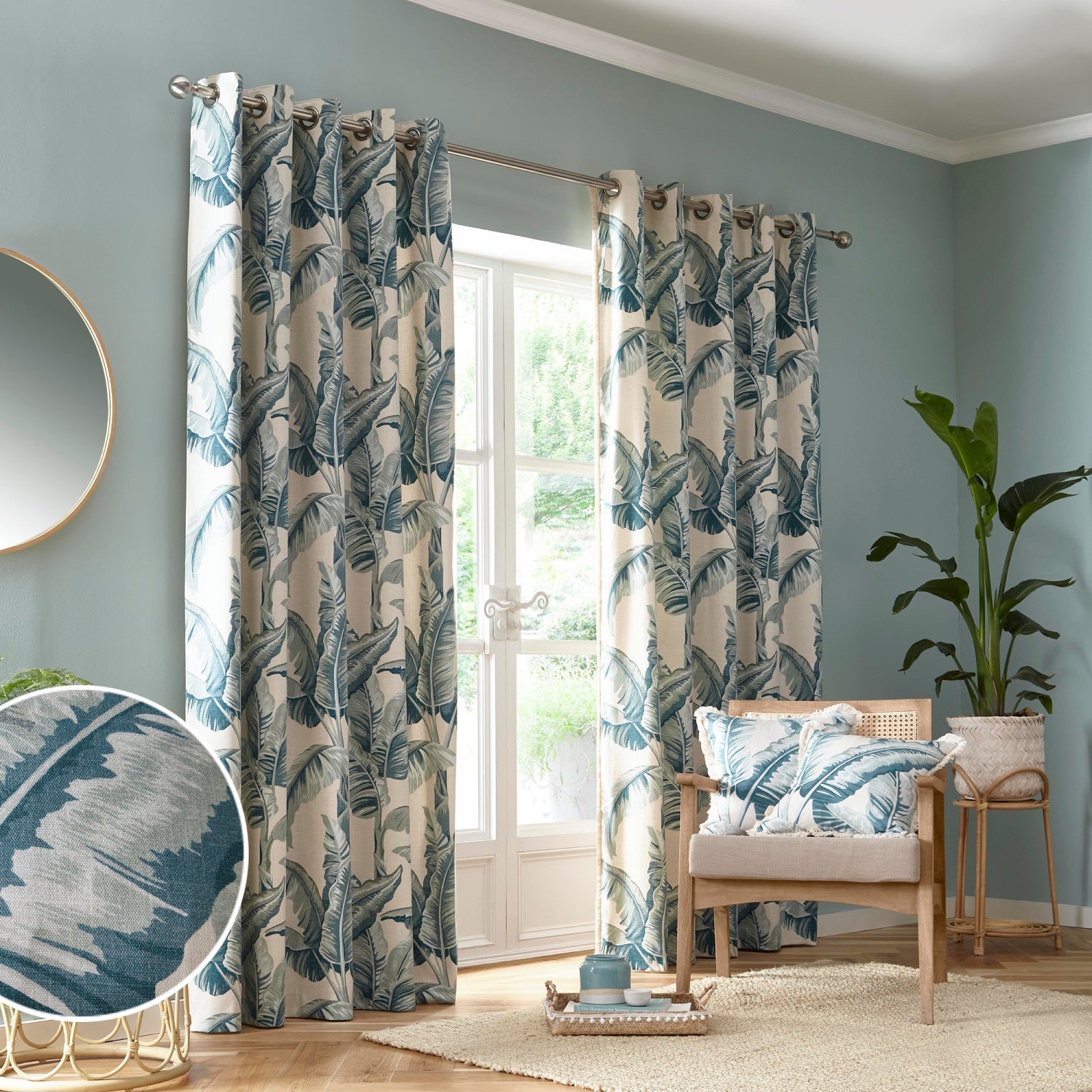 Tropical Jungle Palm Leaves Eyelet Ring Top Curtains 66" x 90" - Cadiz Teal Green