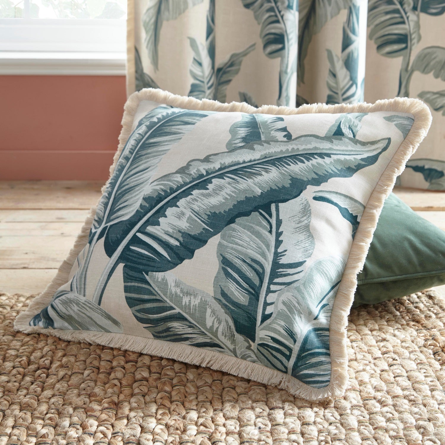 Tropical Jungle Palm Leaves Cushion Cover 43x43cm - Cadiz Teal Green