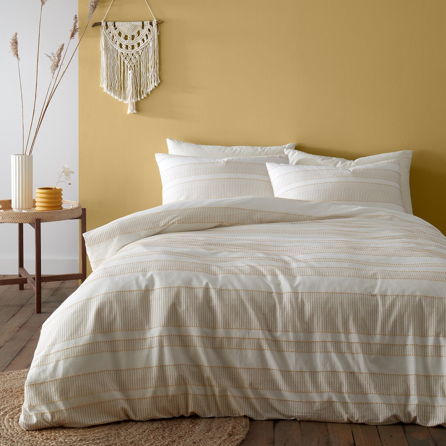 Cairns Tufted Cotton Jacquard Duvet Cover Set, Double, White & Ochre