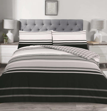 Gingham & Striped Duvet Cover Set, King, Black & Grey