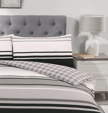 Gingham & Striped Duvet Cover Set, King, Black & Grey