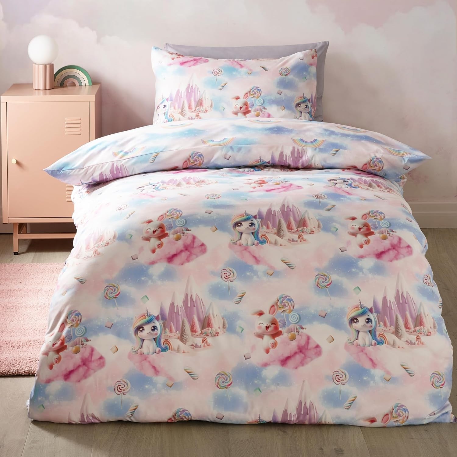 Catherine Lansfield Candy Unicorn Rainbow Duvet Cover Set, Single, Pink