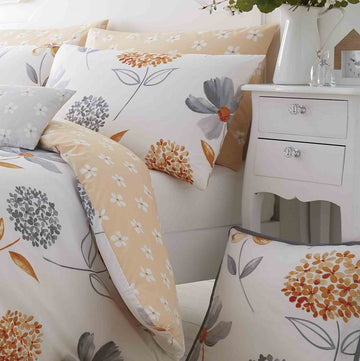 French Hydrangea Duvet Cover Set, King, Orange & Grey