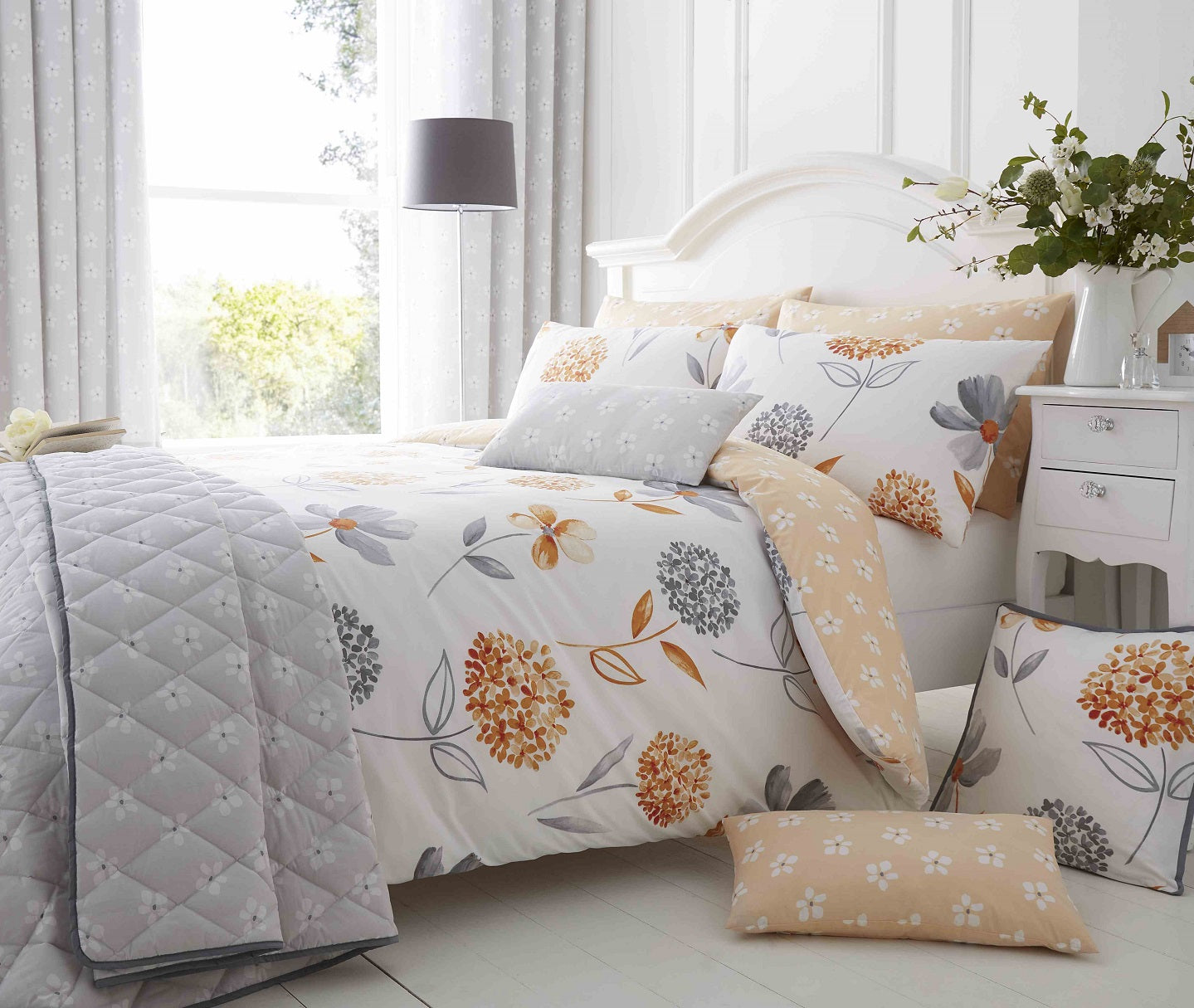 French Hydrangea Duvet Cover Set, King, Orange & Grey