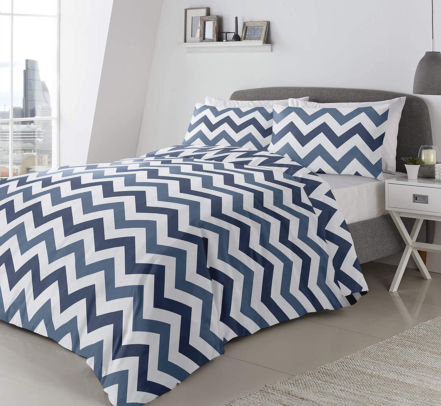 Chevron Herringbone Navy Blue Duvet Cover Set - King Bed