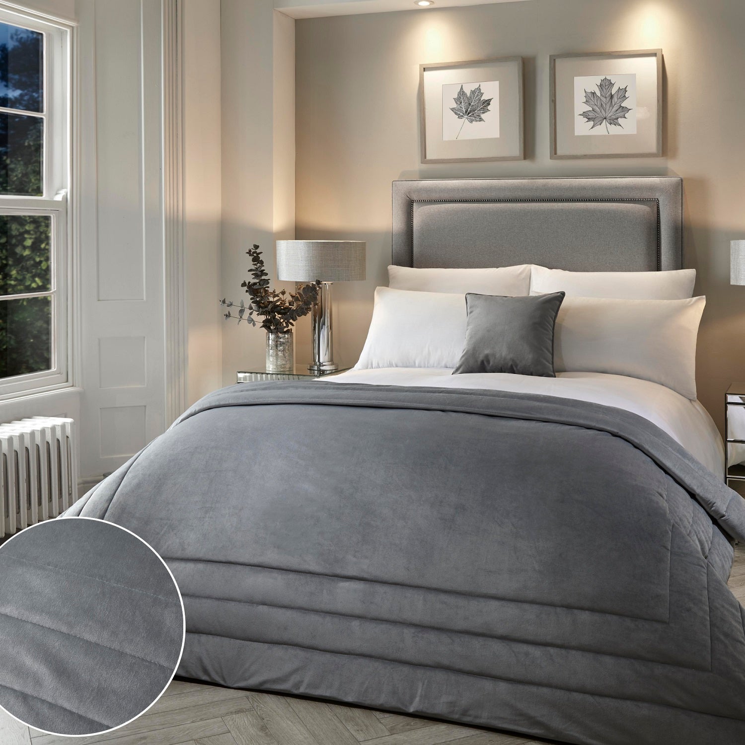 Large Silver Grey Soft Velvet Quilted Bedspread Set