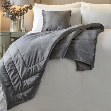 Large Silver Grey Soft Velvet Quilted Bedspread Set