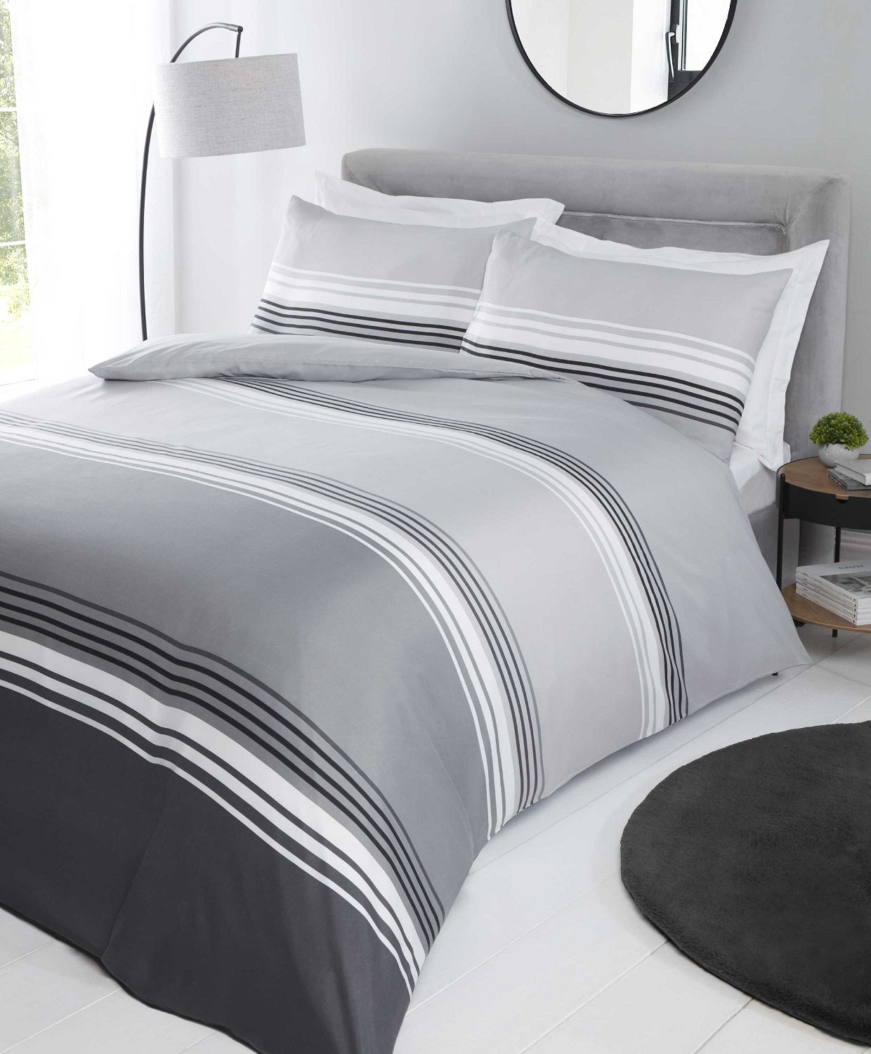 Teenagers Reversible Stiped Duvet Cover Set, Double, Grey & Black