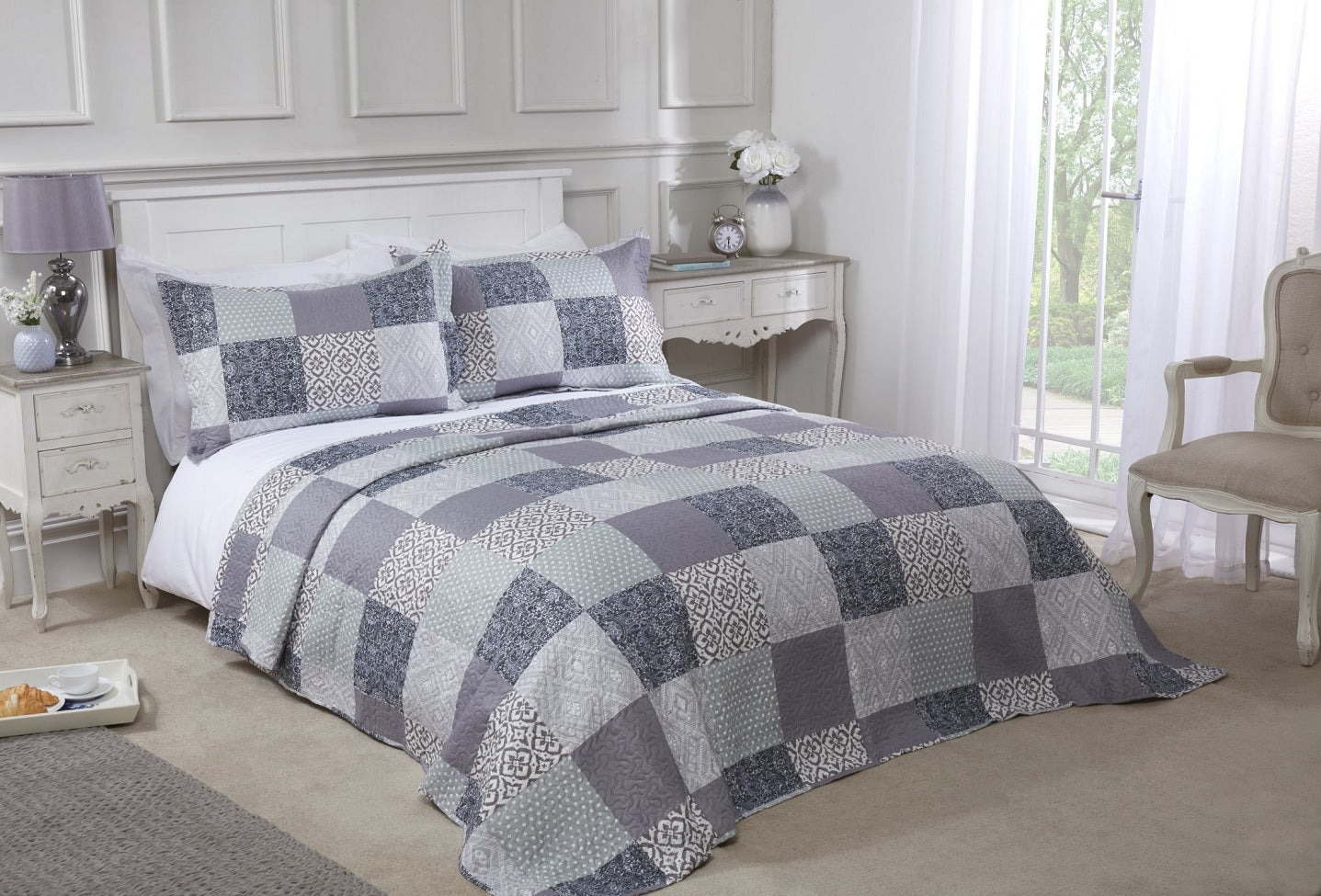 Geometric Patchwork Quilted Bedspread + Pillowshams Set, Double, Chiltern Grey