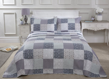 Geometric Patchwork Quilted Bedspread + Pillowshams Set, Double, Chiltern Grey