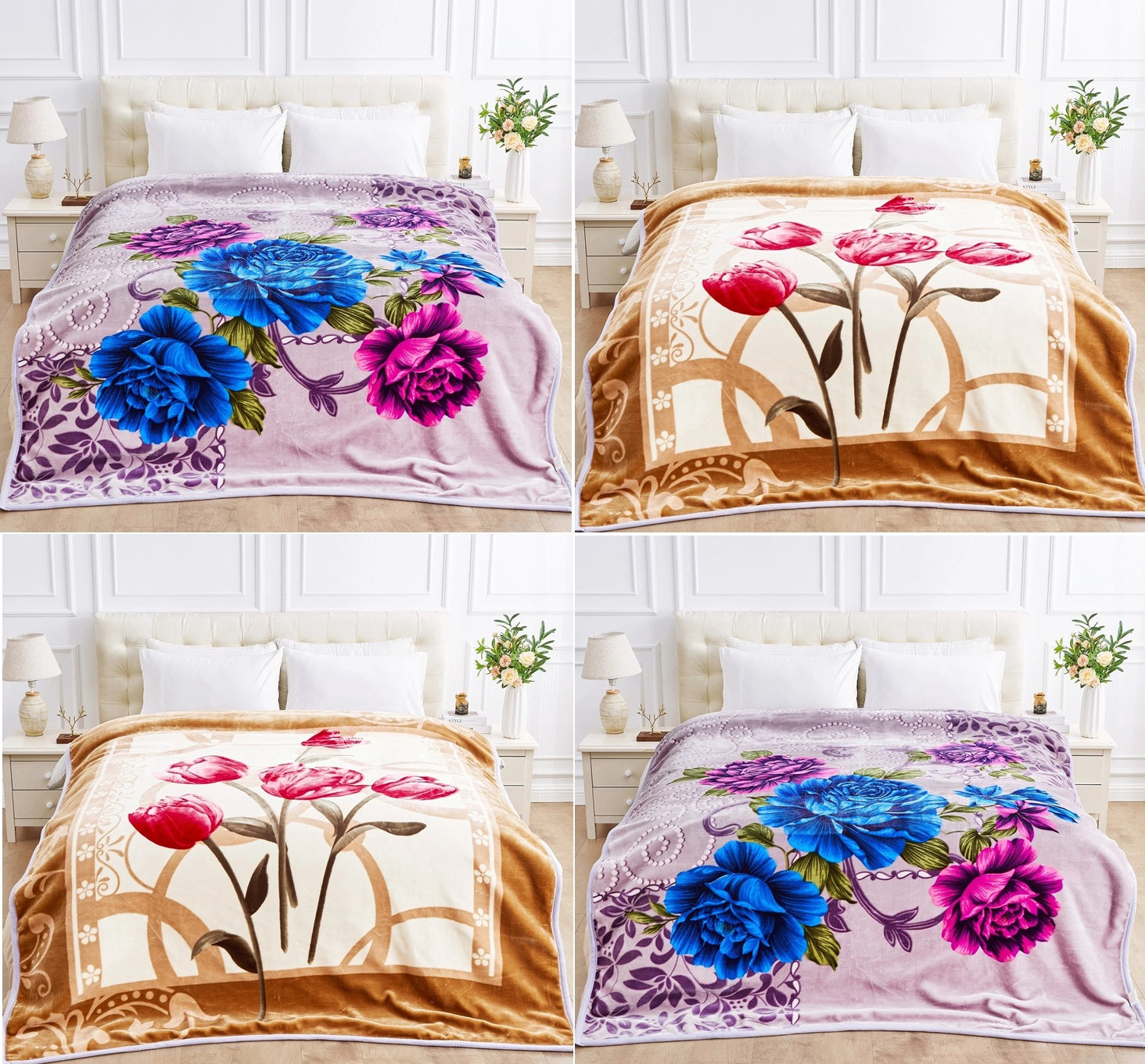 2 PLY Heavy Weight Roses Floral 7KG Throw, 200x240cm - Lilac & Cream