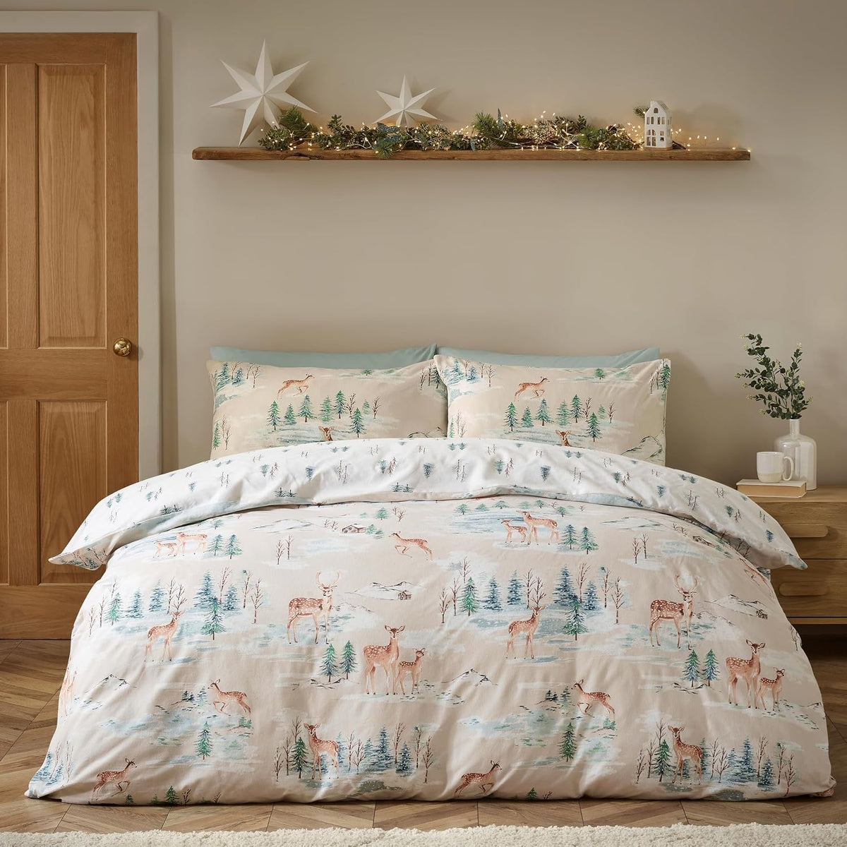 Catherine Lansfield Christmas Deer Brushed Cotton Flannelette Duvet Cover Set, Single, Natural