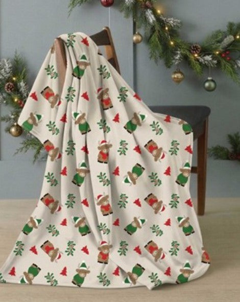 Highland Cow Christmas Fleece Blanket Throw - Red & Green