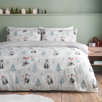 Catherine Lansfield Christmas Penguin Brushed Cotton Flannelette Duvet Cover Set, King, Green