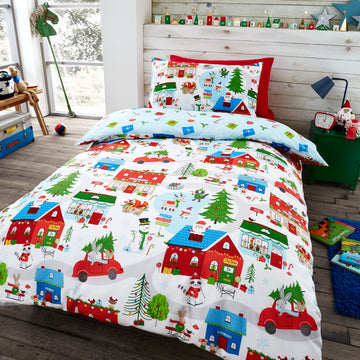 Father Christmas Village Duvet Cover Set, Single, Red