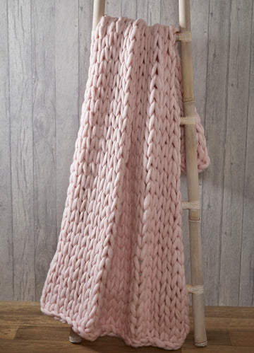 Chunky Cable Hand Knitted Throw, 120x150cm - Blush Pink