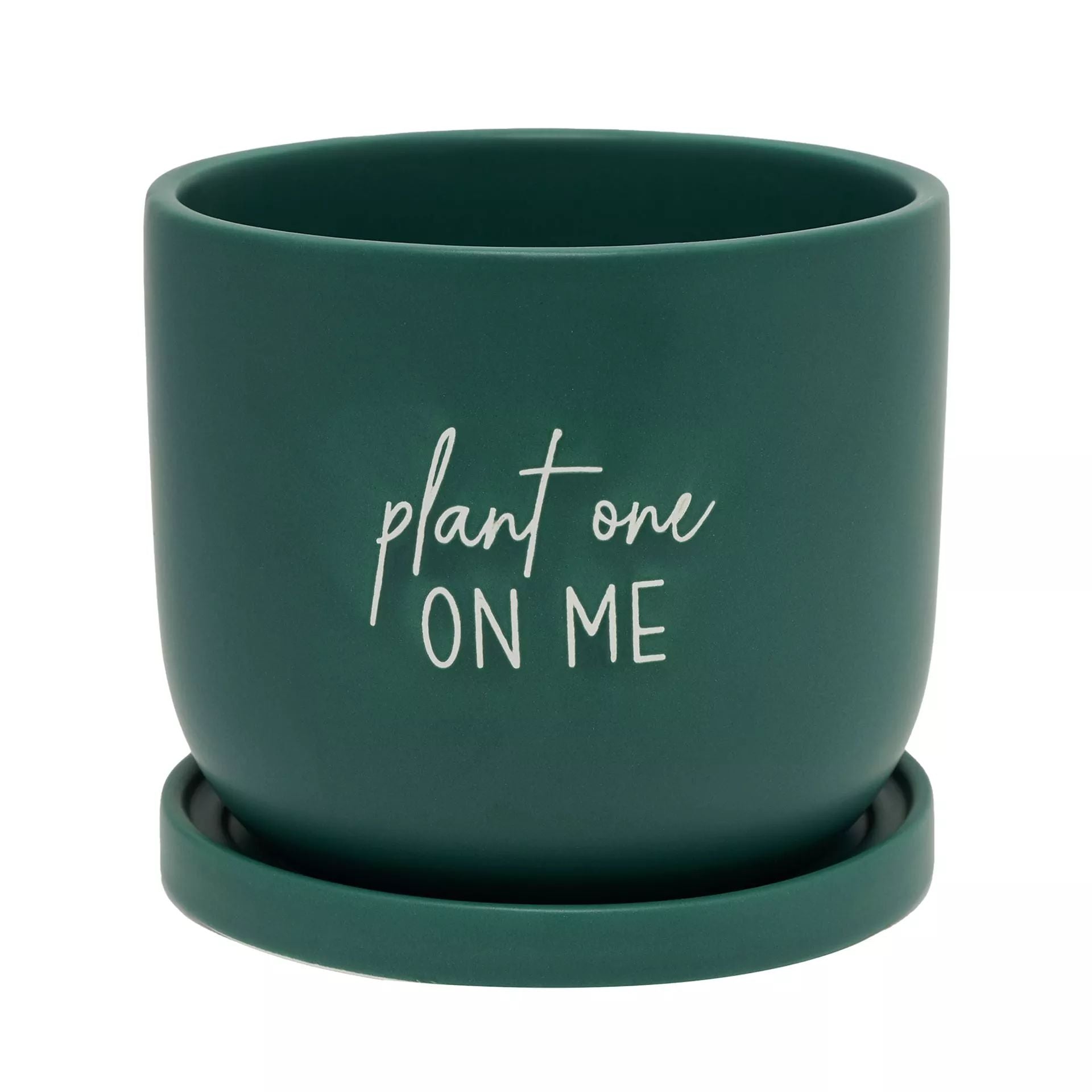 Ceramic Green Planter w/ Saucer - "Plant One on Me"