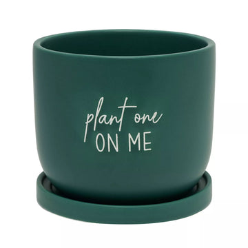 Ceramic Green Planter w/ Saucer - "Plant One on Me"
