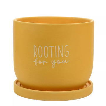 Ceramic Yellow Planter w/ Saucer - "Rooting for You"