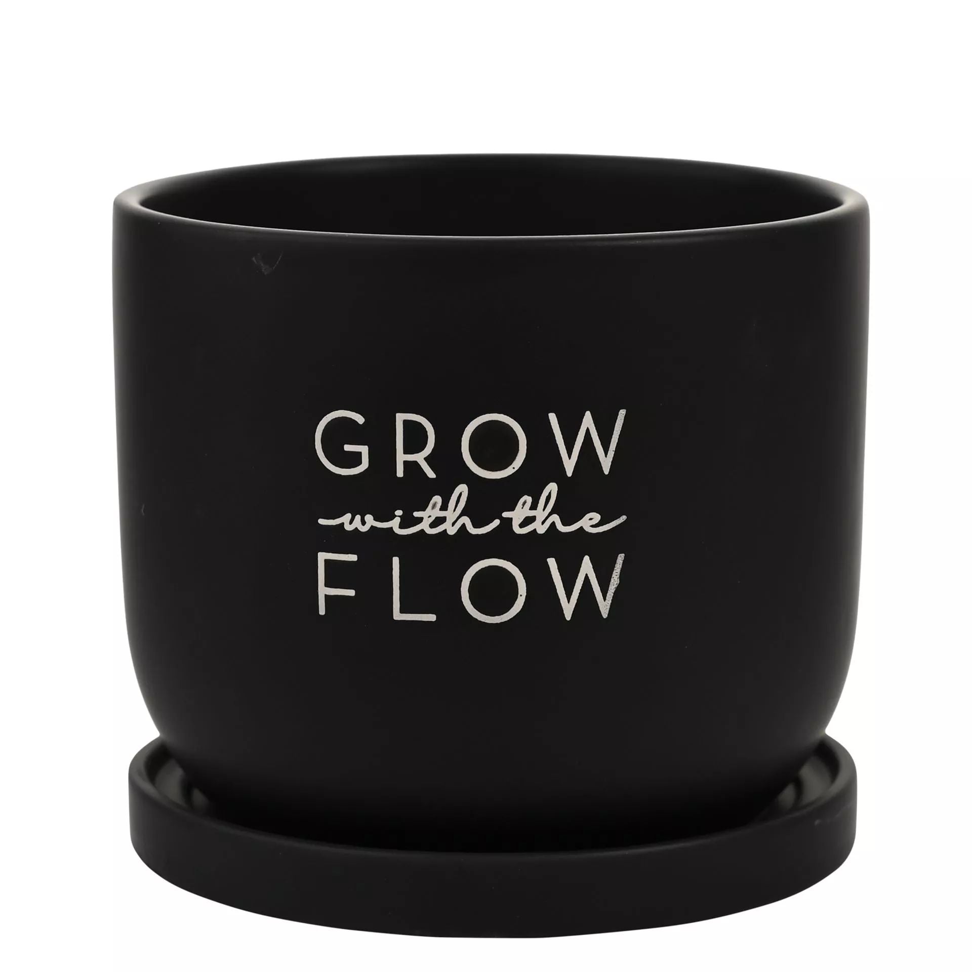 Ceramic Black Planter w/ Saucer - "Grow with the Flow"