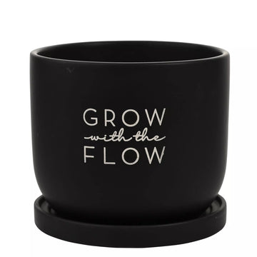 Ceramic Black Planter w/ Saucer - "Grow with the Flow"