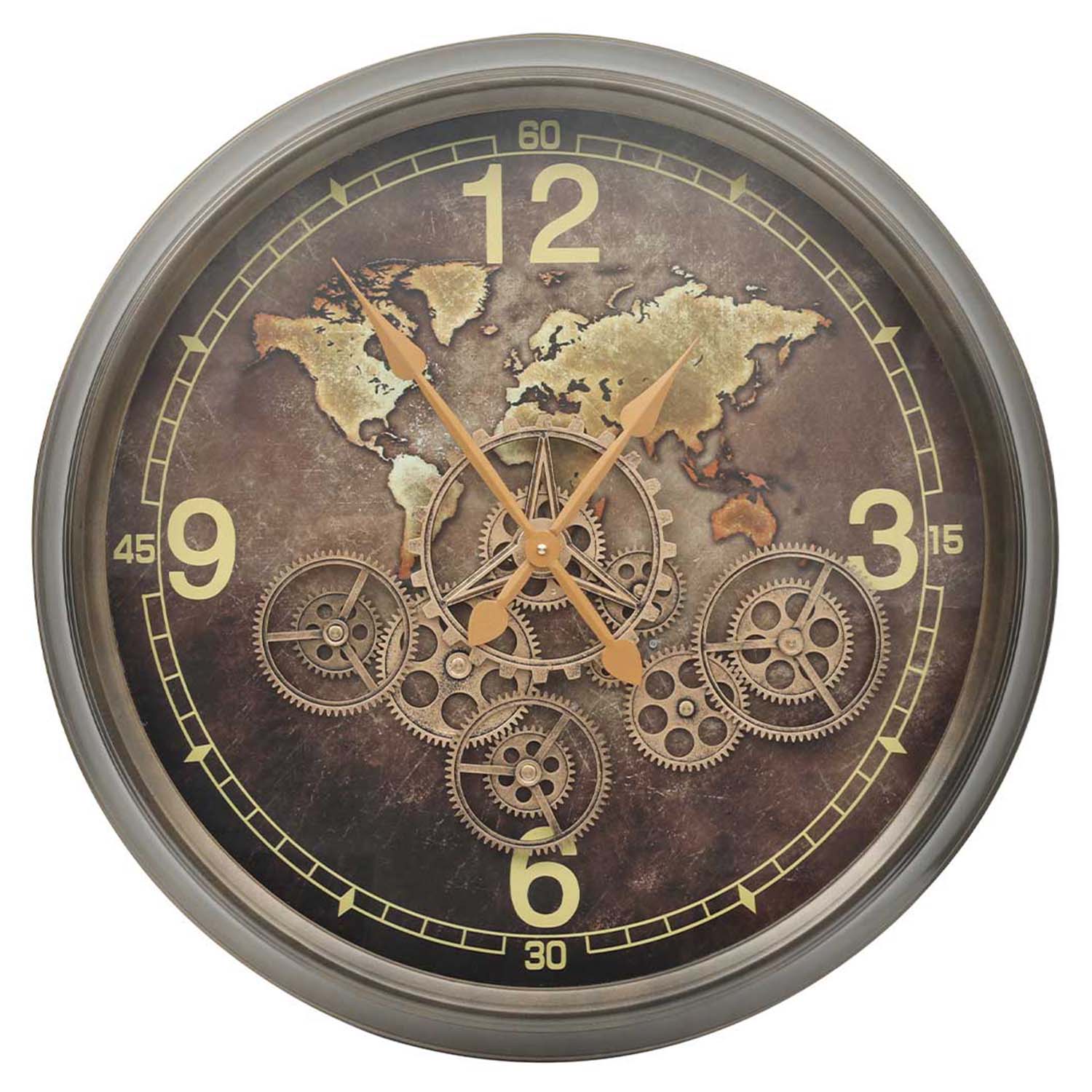 62cm Coffee Brown Metal Moving Gears Industrial Wall Clock