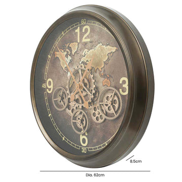 62cm Coffee Brown Metal Moving Gears Industrial Wall Clock