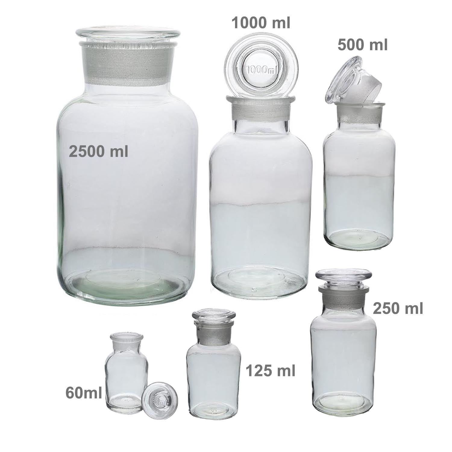 6Pcs 60/125/250/500/1000/2500ml Clear Glass Apothecary Bottles Set