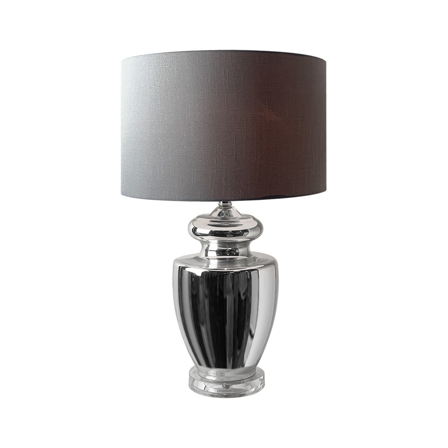 Silver Chrome Effect Glass Table Lamp With Grey Drum Shade