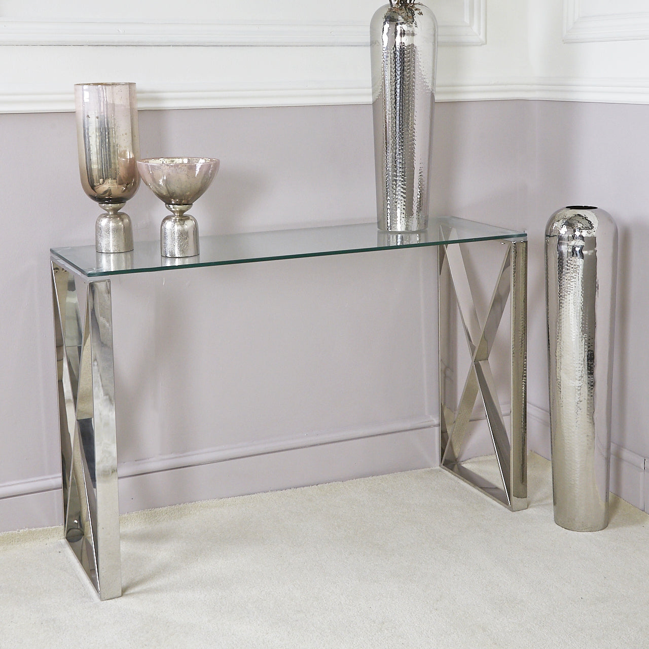 Aria Stainless Steel Modern Console Table Glass Top