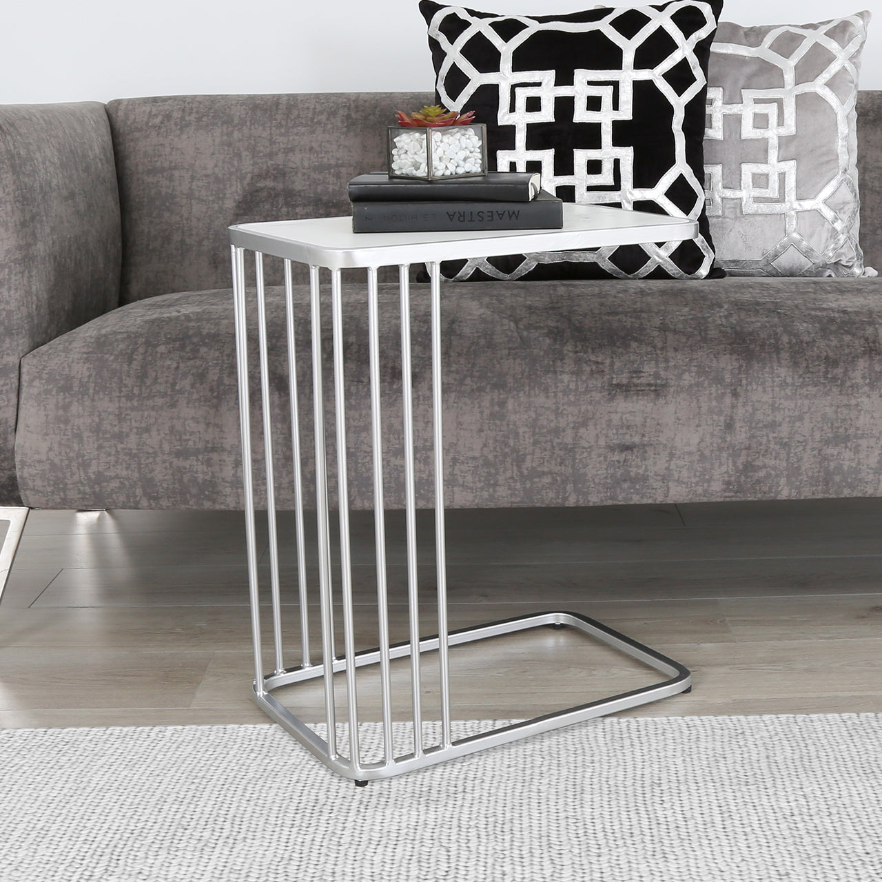 Silver Sofa Side Table Marble Top Small Coffee End Table