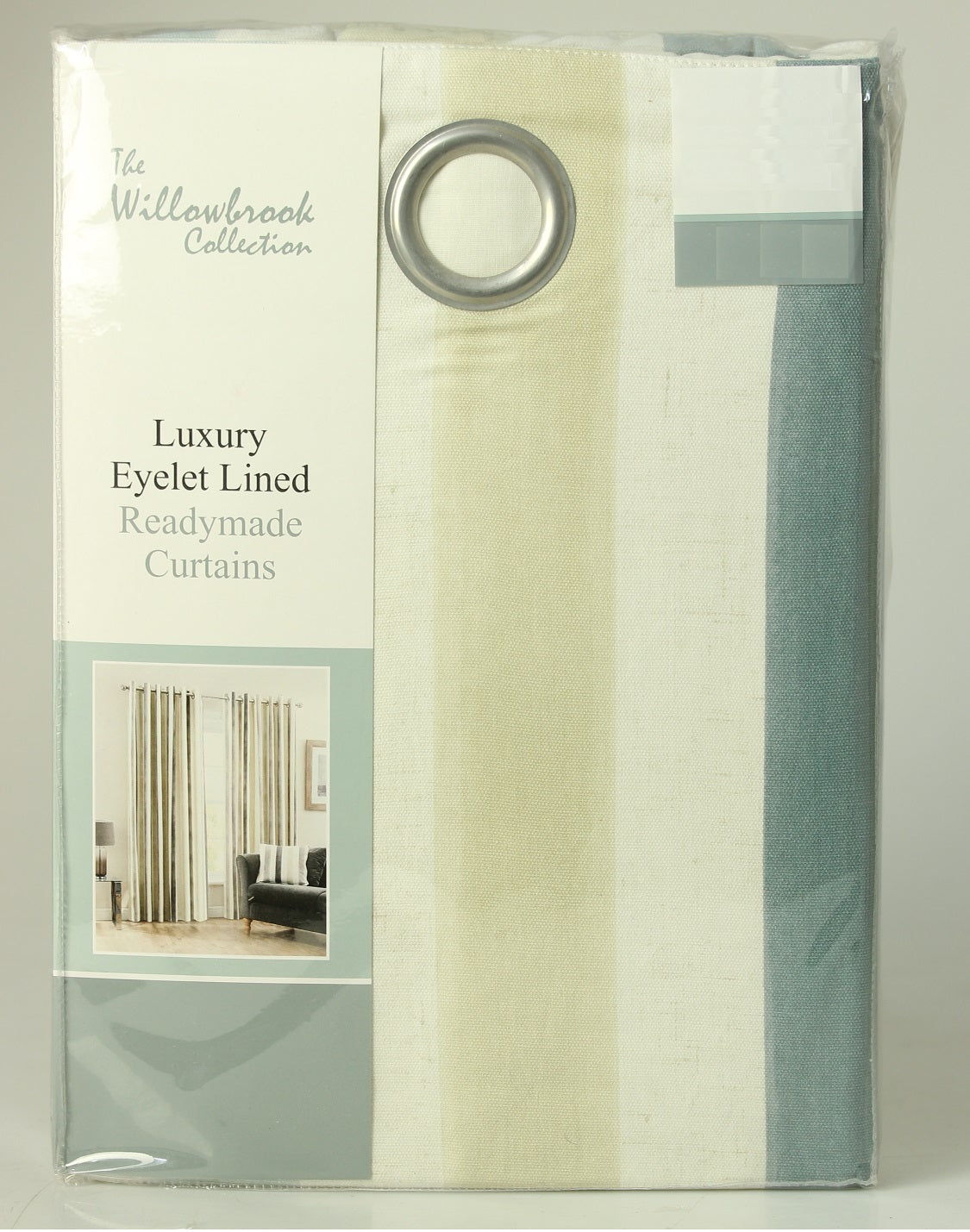 Como Teal Stripe Eyelet Ring Top Lined Curtains 66" x 72"