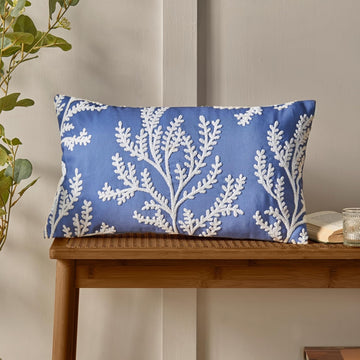 Catherine Lansfield Embroidered Coral Leaf Cushion, Blue