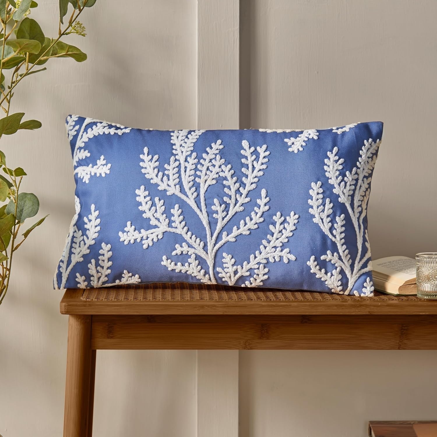 Catherine Lansfield Embroidered Coral Leaf Cushion, Blue