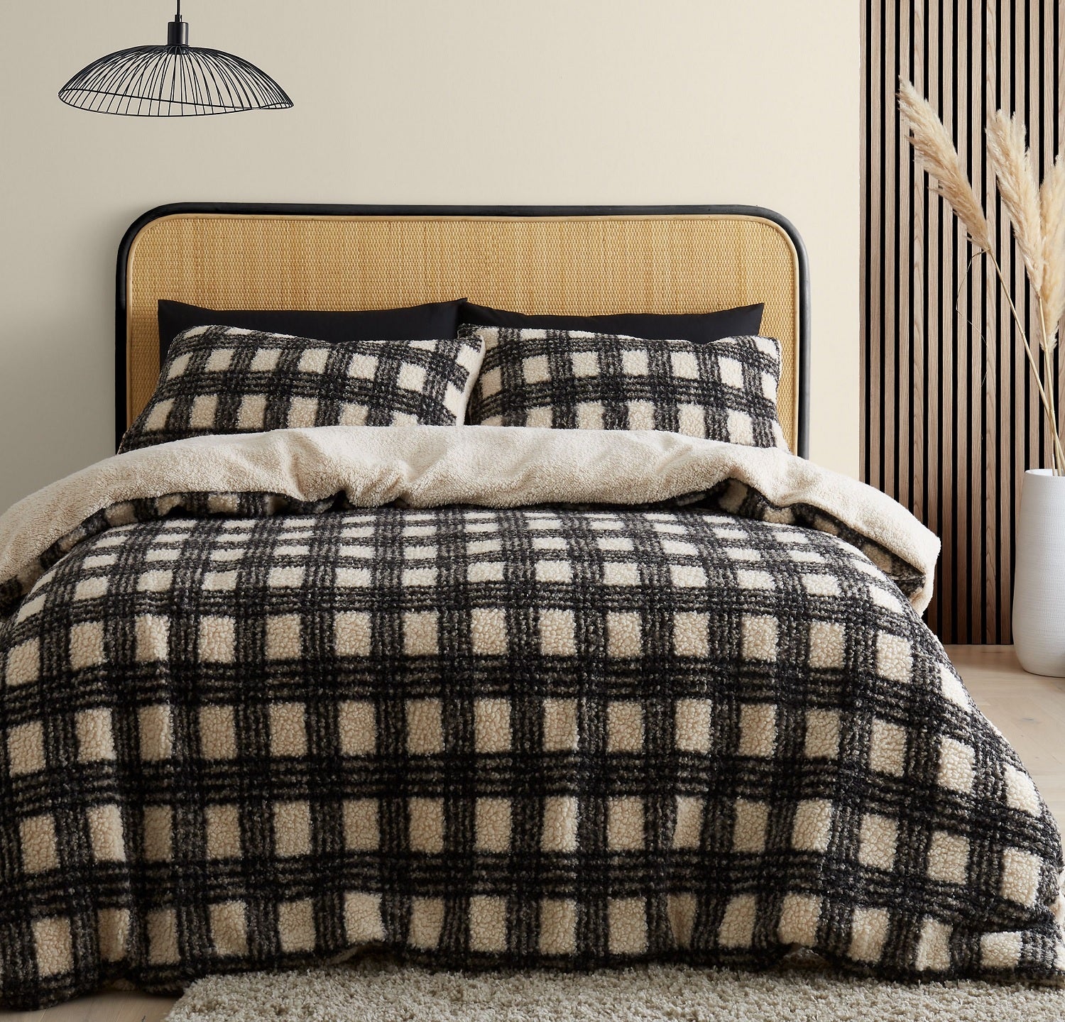 Cosy Borg Sherpa Check Duvet Cover Set, Double, Natural & Black