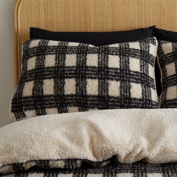 Cosy Borg Sherpa Check Duvet Cover Set, Double, Natural & Black