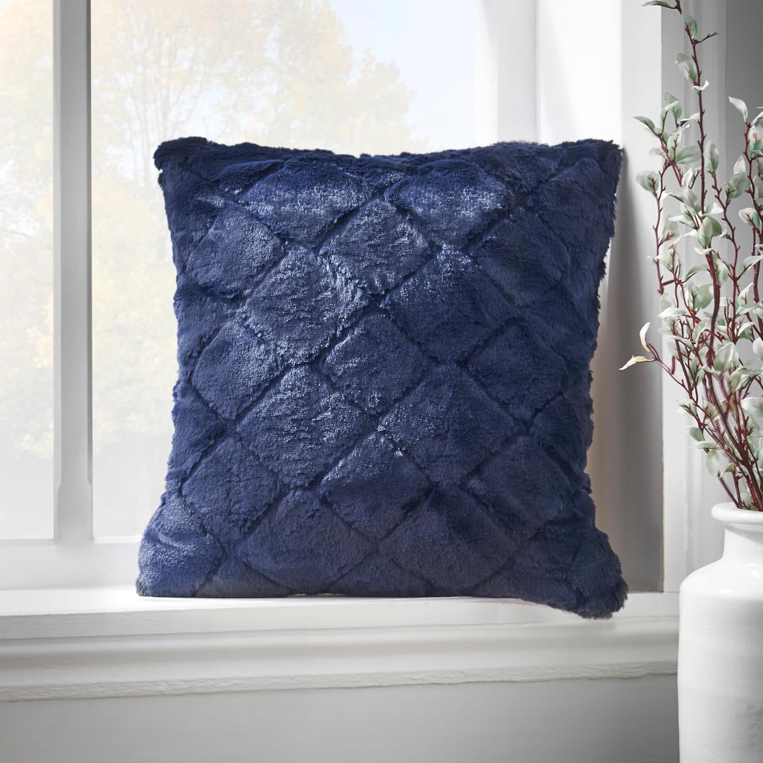 Catherine Lansfield Cosy Diamond Faux Fur Cushion Cover, 43x43cm, Navy Blue