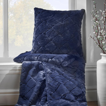 Catherine Lansfield Cosy Diamond Faux Fur Cushion Cover, 43x43cm, Navy Blue