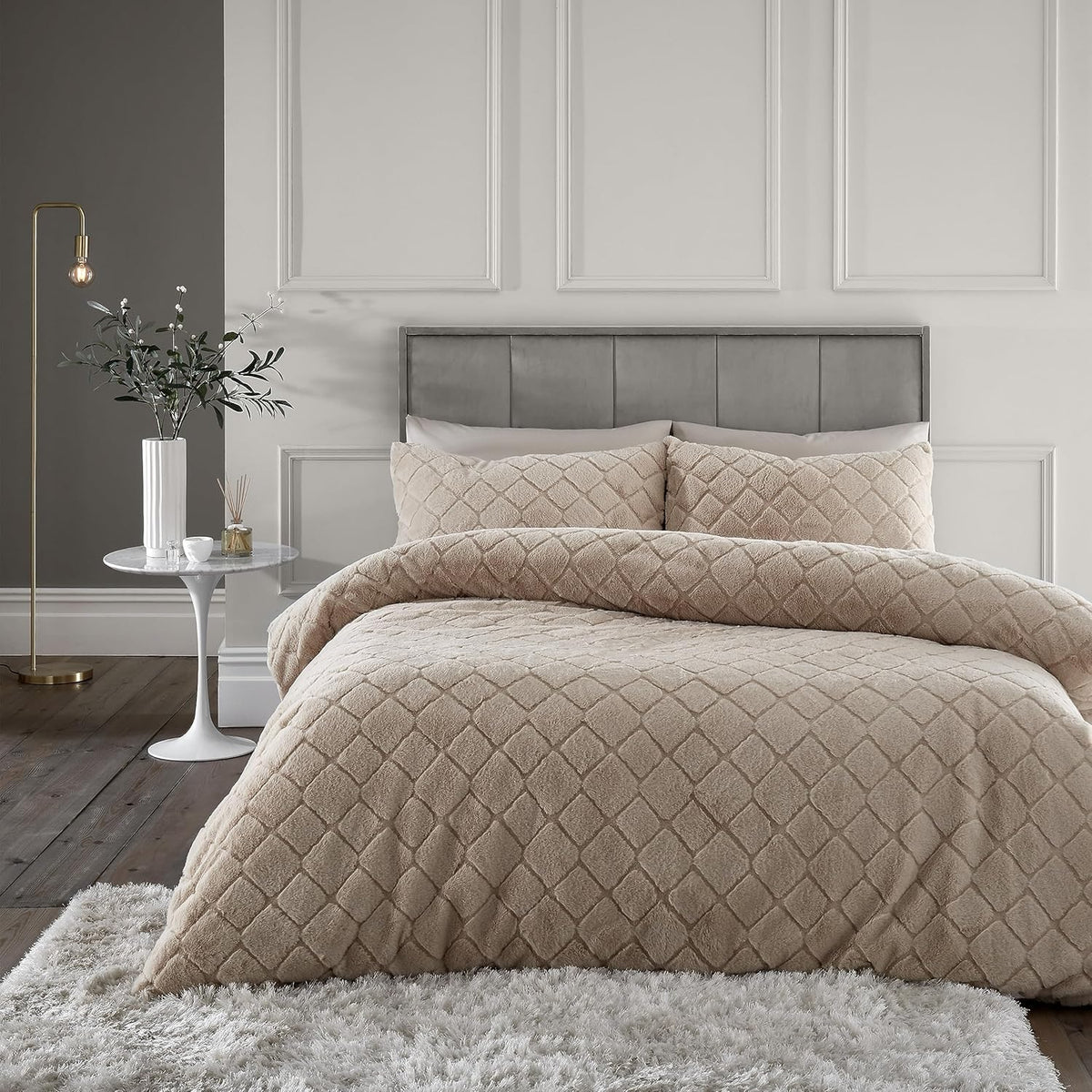 Catherine Lansfield Diamond Faux Fur Duvet Cover Set, Super King, Natural