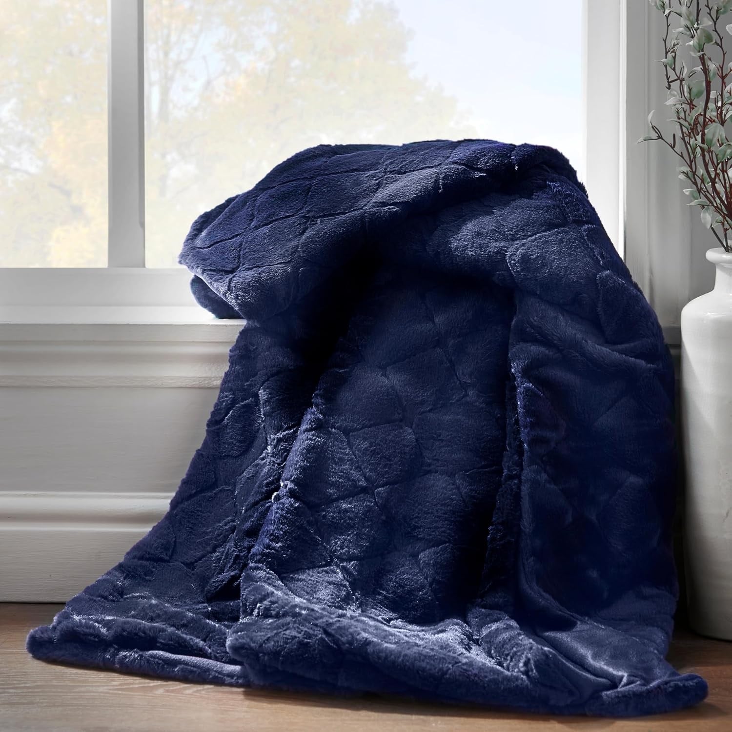 Catherine Lansfield Cosy Diamond Faux Fur Throw 130x170cm, Navy Blue