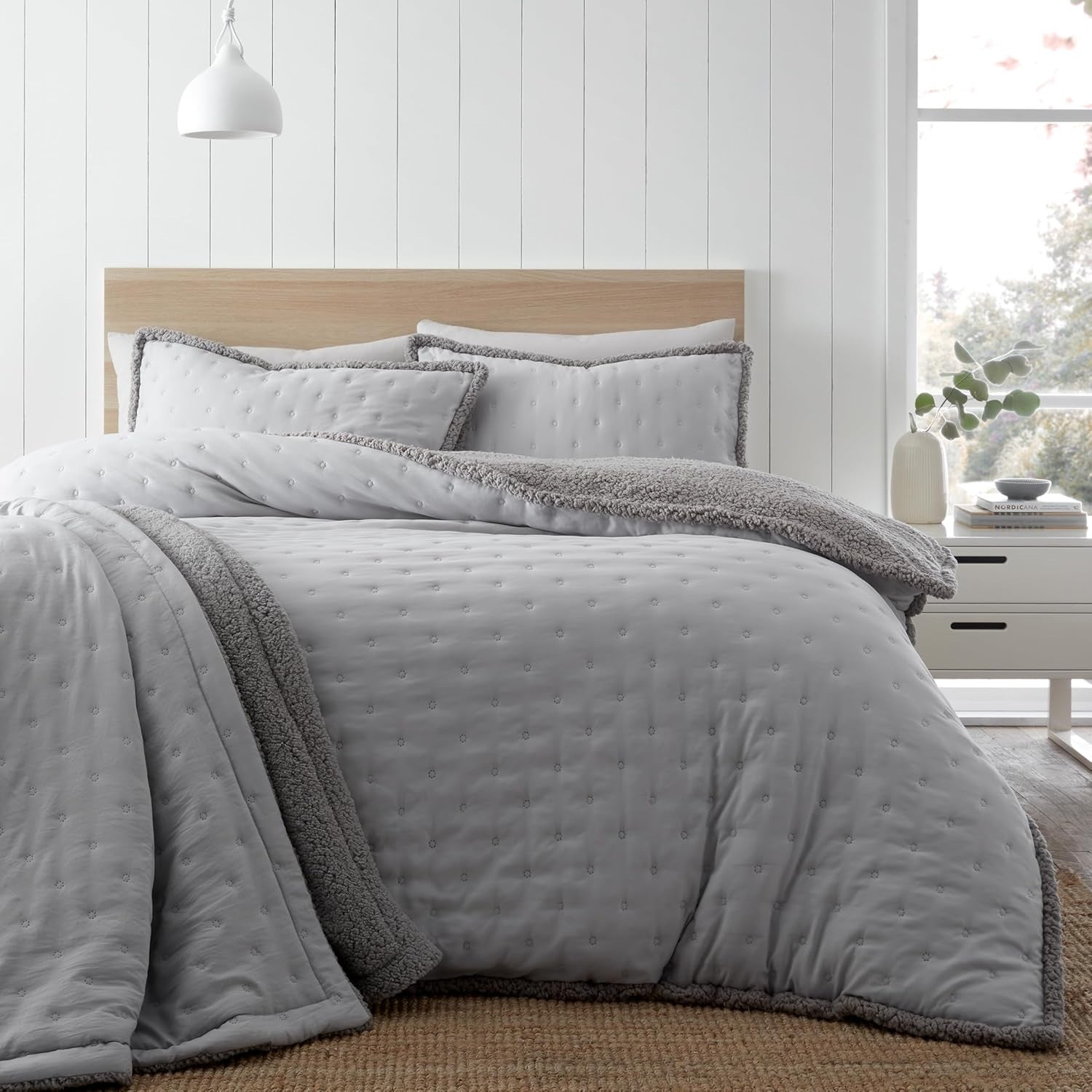 Catherine Lansfield Nori Sherpa Duvet Cover Set, Super King, Silver Grey