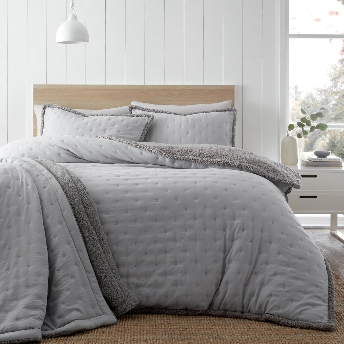 Catherine Lansfield Nori Sherpa Duvet Cover Set, Double, Silver Grey