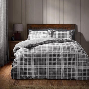 Catherine Lansfield Check Sherpa Duvet Cover Set, King, Silver Grey