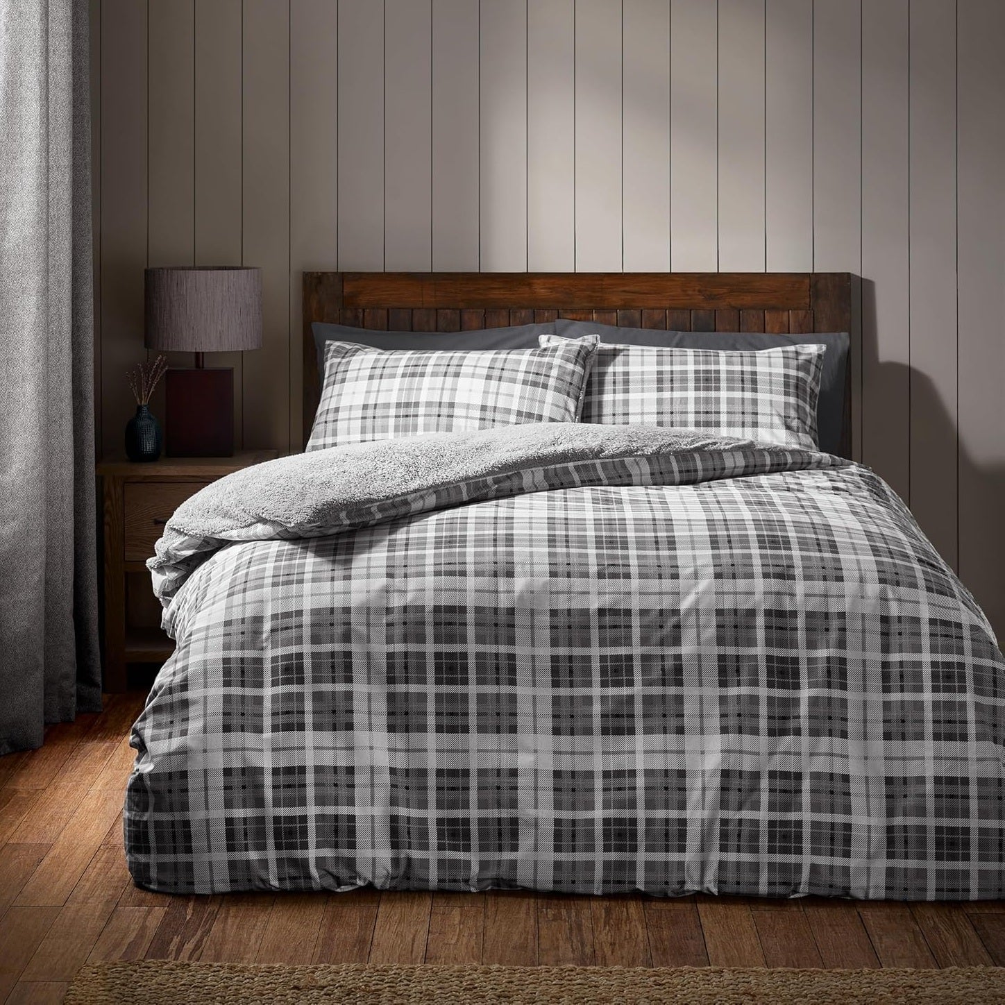 Catherine Lansfield Check Sherpa Duvet Cover Set, King, Silver Grey