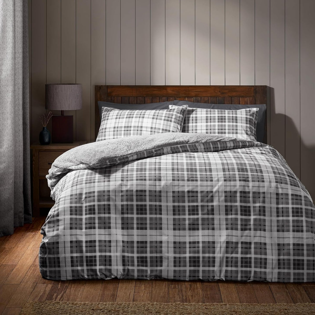 Catherine Lansfield Check Sherpa Duvet Cover Set, King, Silver Grey