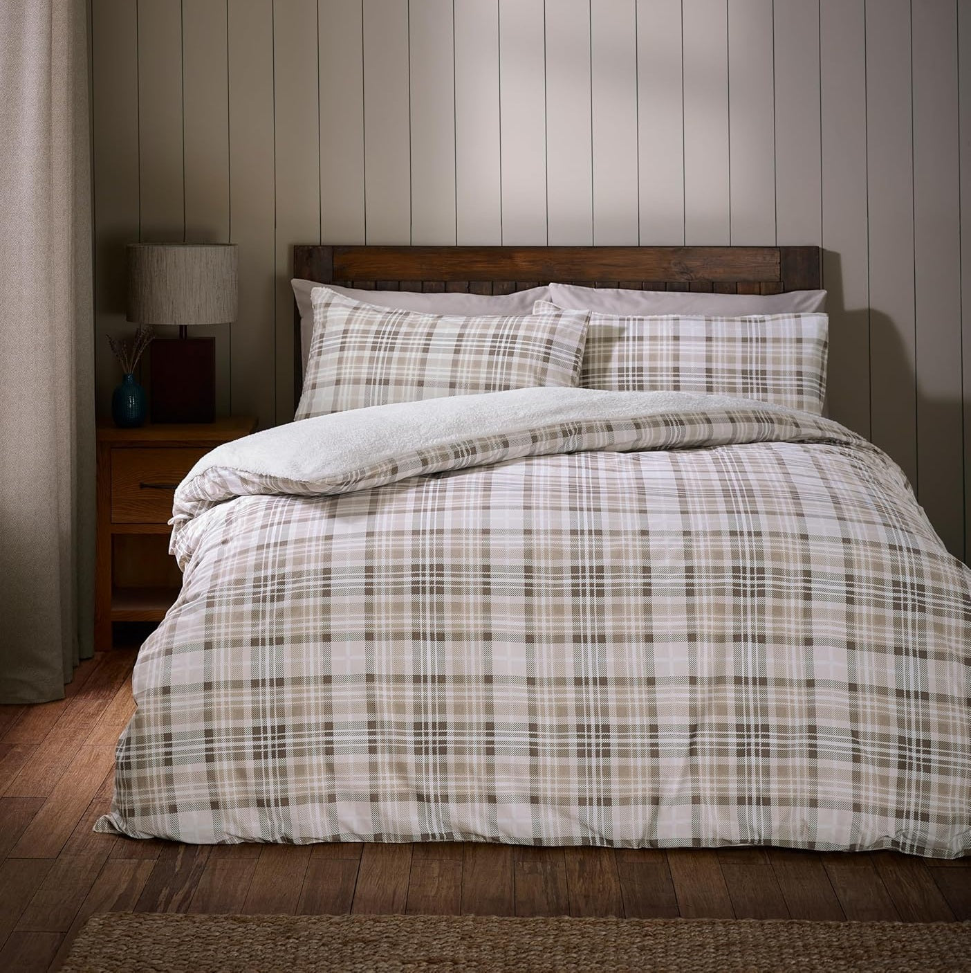 Catherine Lansfield Check Sherpa Duvet Cover Set, Double, Natural