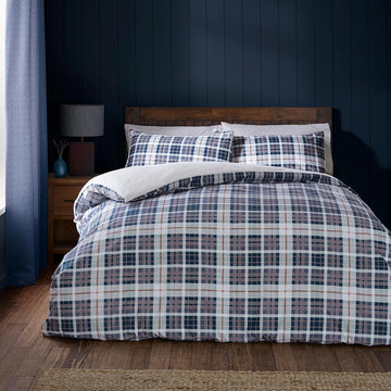 Catherine Lansfield Check Sherpa Duvet Cover Set, Double, Navy Blue