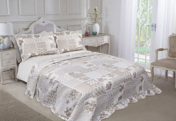 Shabby Chic Quilted Bedspread + Pillowshams Set, King, Cotswold Natural