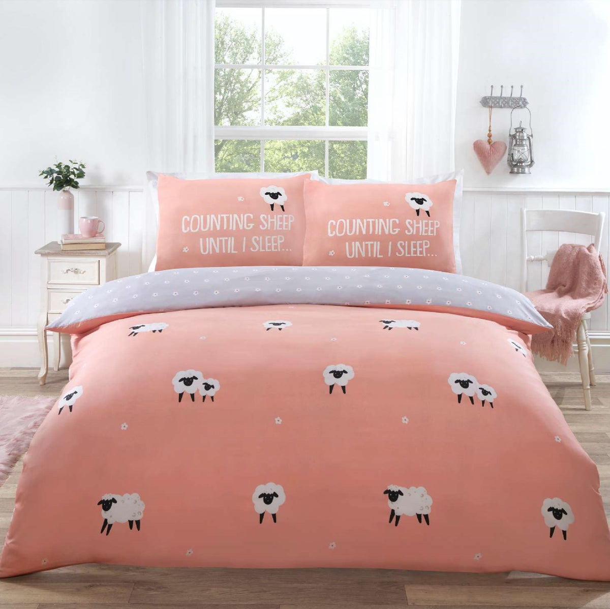Farmyard Sheep Duvet Cover Set, Single, Blush & Grey